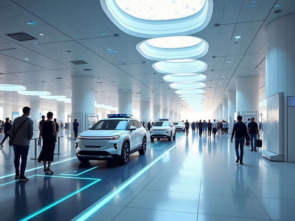 Futuristic hall with illuminated floor lanes, people walking, and patrolling autonomous vehicles.