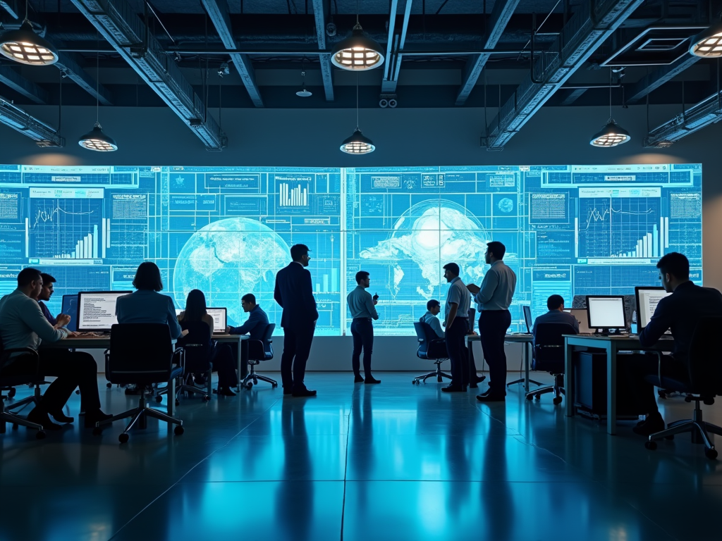 Professionals in a high-tech control room analyzing data displayed on large screens.