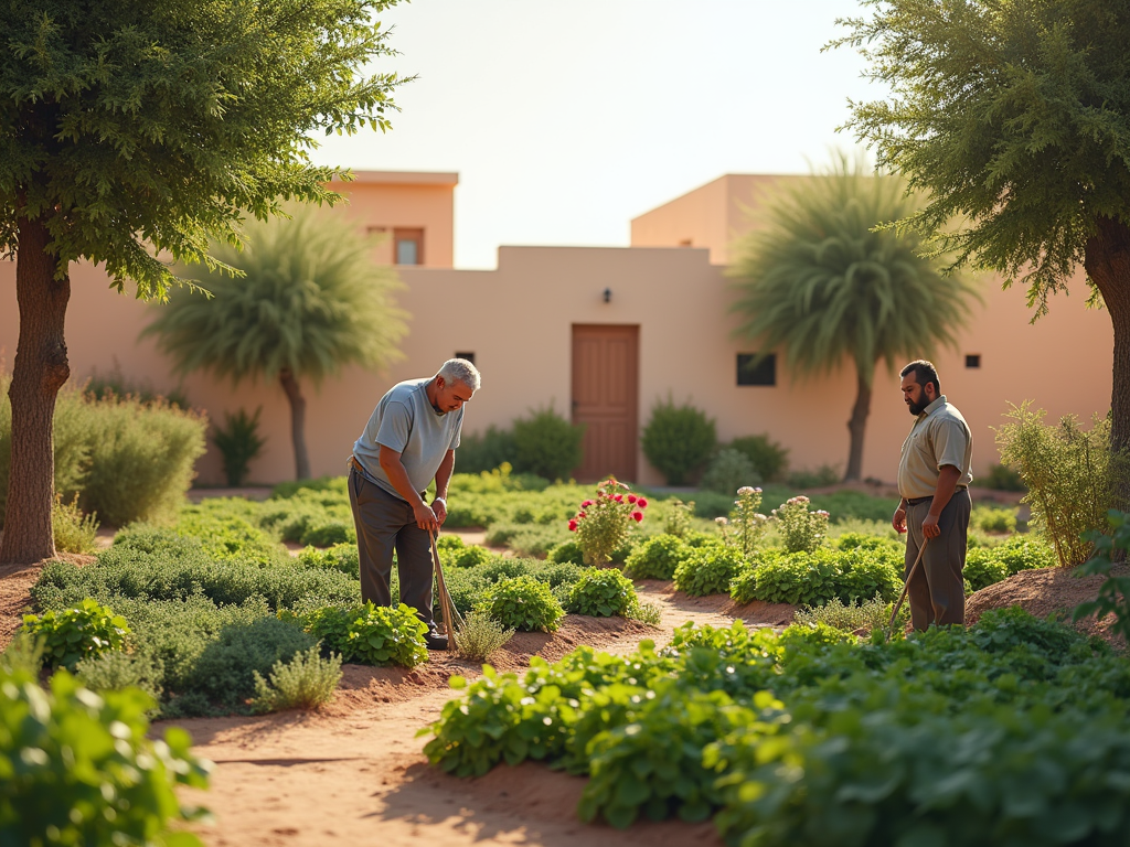 Two men working in a lush garden, tending to plants under the sun, with residential buildings in the background.