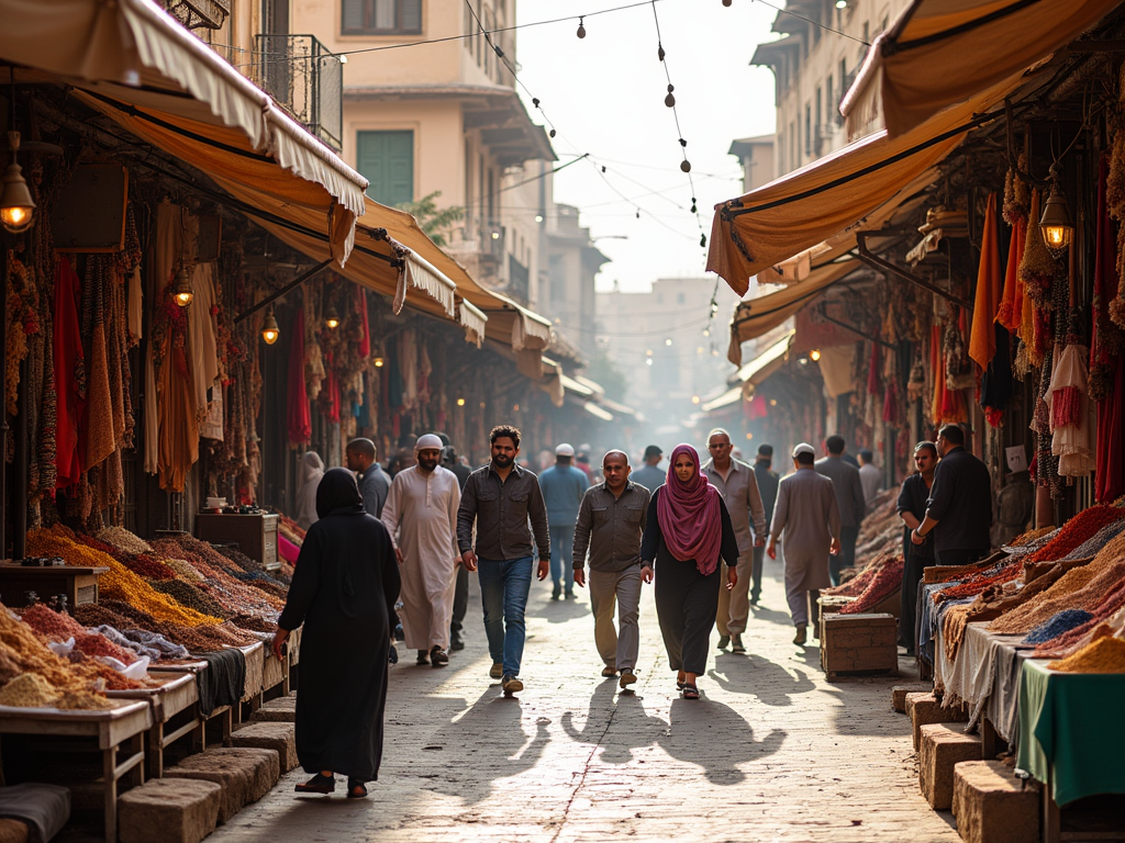 Bustling market street with diverse people and colorful spice stalls under hanging lights.