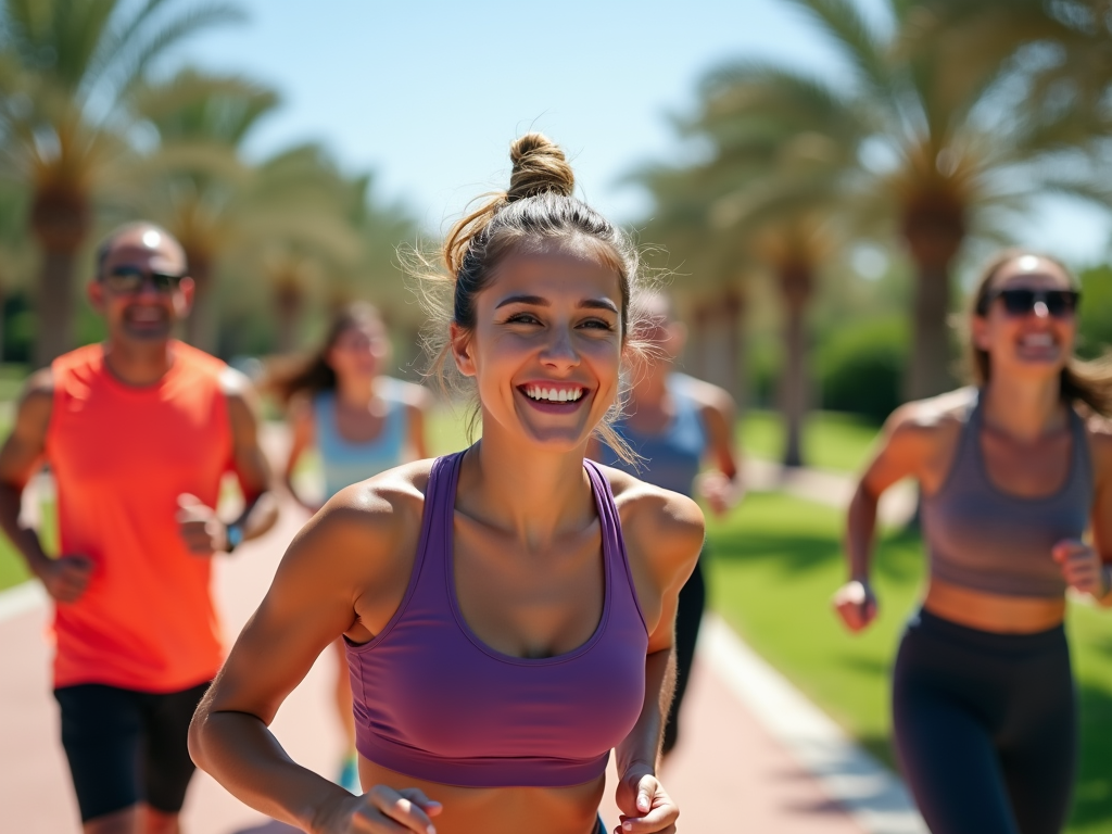 A group of cheerful runners, led by a smiling woman, jogs along a sunny path lined with palm trees.