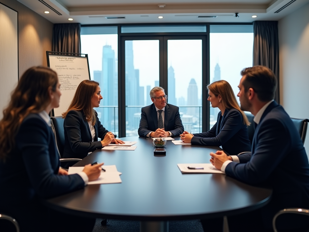 Business professionals in a meeting at a conference table with a cityscape view.