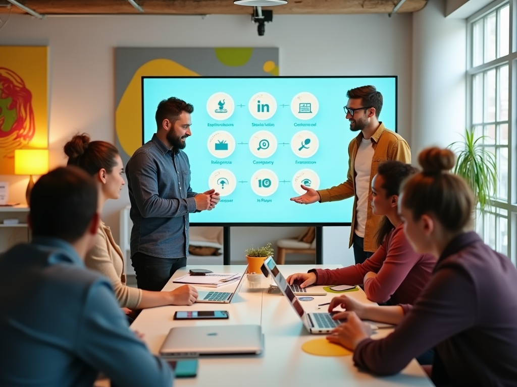 Two men presenting a social media strategy to a group around a table with a digital screen in the background.