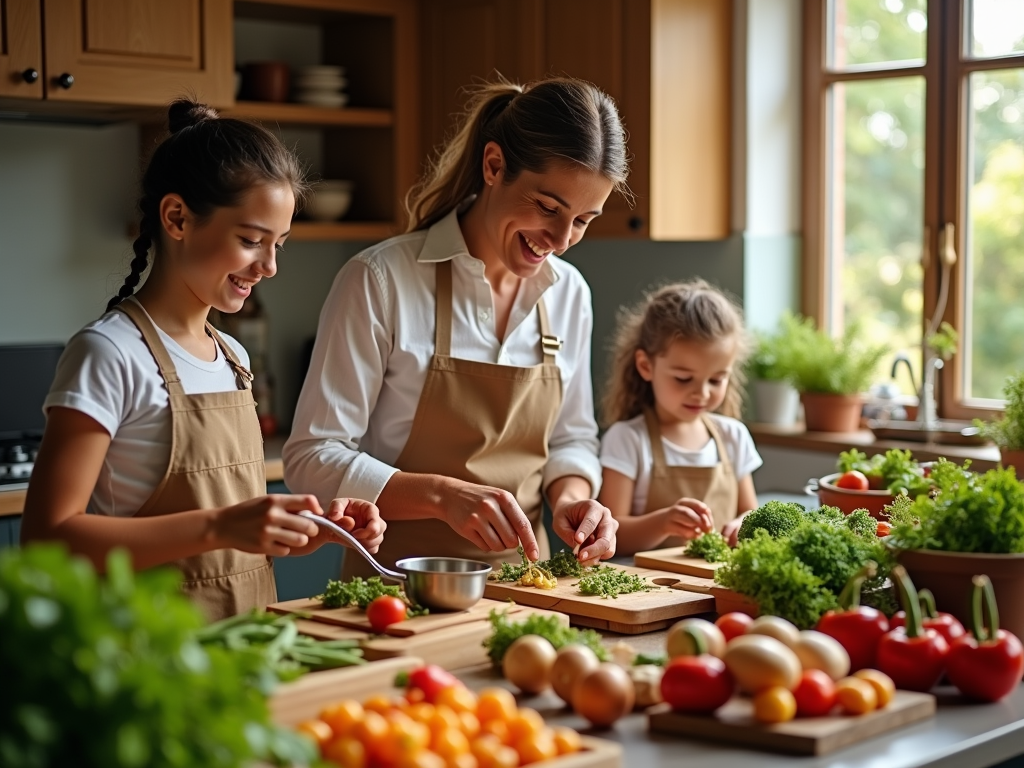 A woman and two girls are happily preparing vegetables in a bright kitchen filled with fresh produce.