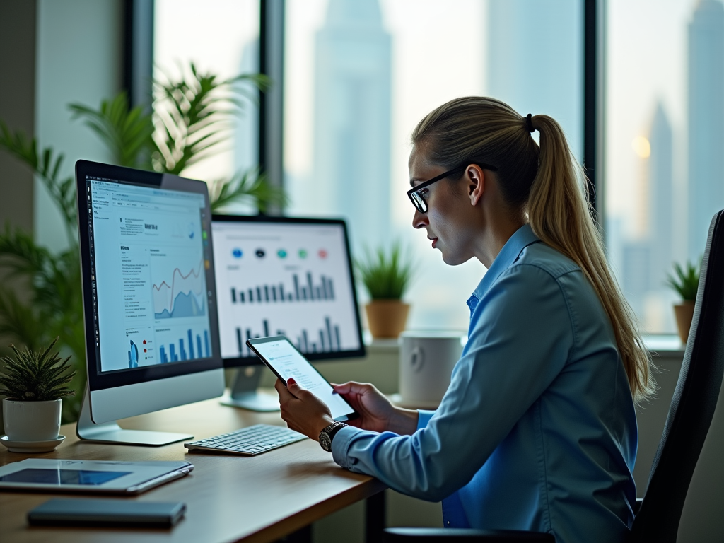 Woman in office checks phone, data graphs on screens, city view.