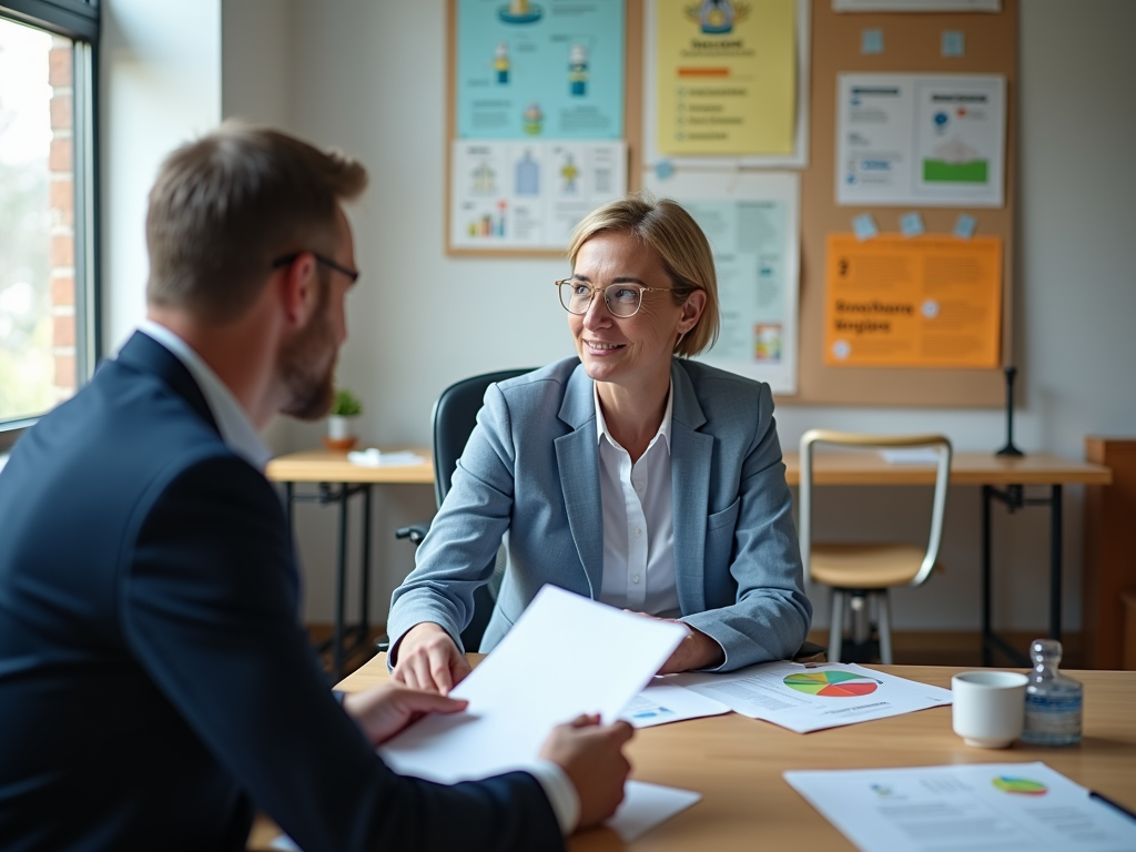 A woman in a gray suit smiles at a man during a meeting, with charts and documents on the table.