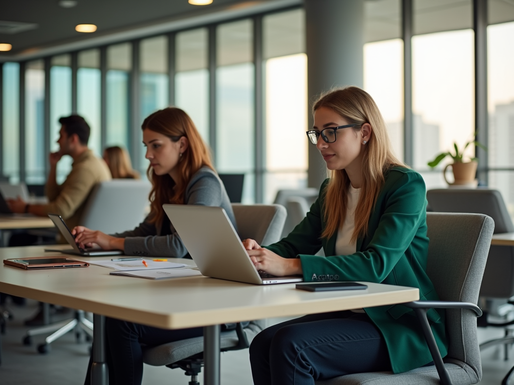 Two women working on laptops in a bright, modern office setting.