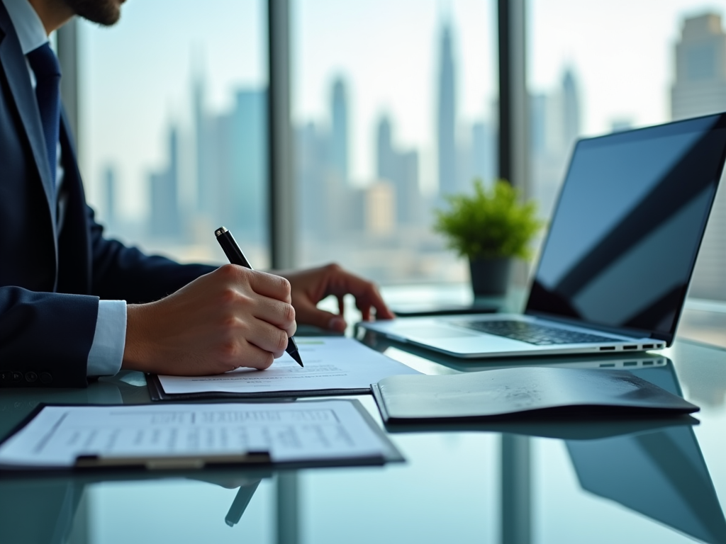 Businessman writing on paperwork with laptop on desk in office overlooking city skyline.