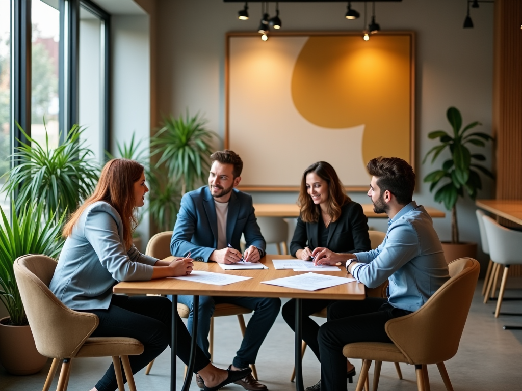 Four professionals in a meeting at a well-lit office space with modern decor and plants.