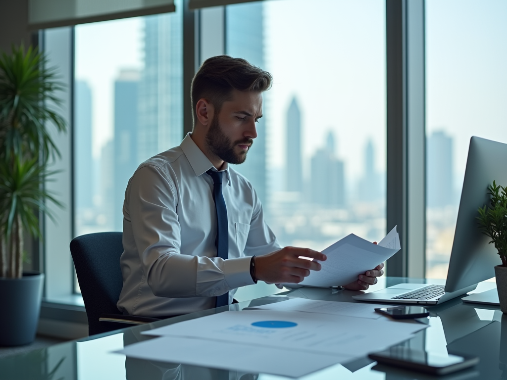 Businessman reviewing documents at a desk in a high-rise office overlooking the city skyline.