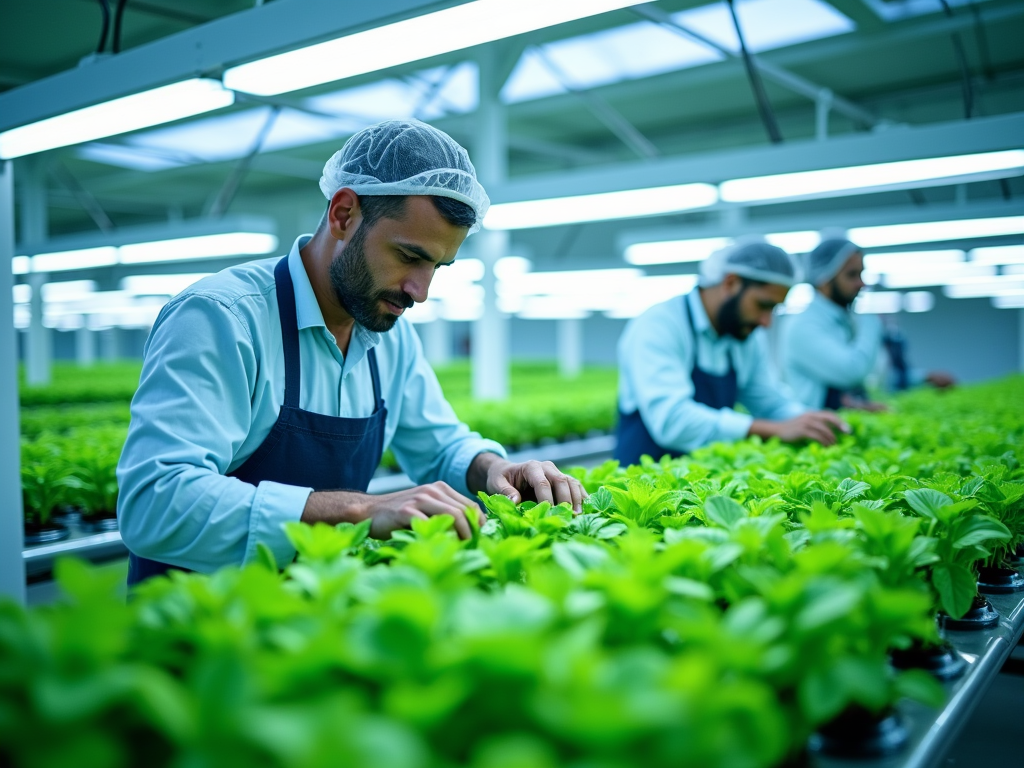 A man in a hairnet carefully tends to green plants in a greenhouse, focusing on their growth and care.