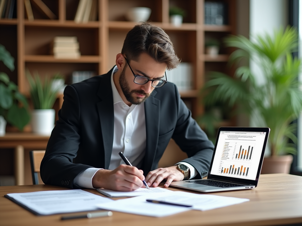 Man in business suit working on laptop and writing notes in office.