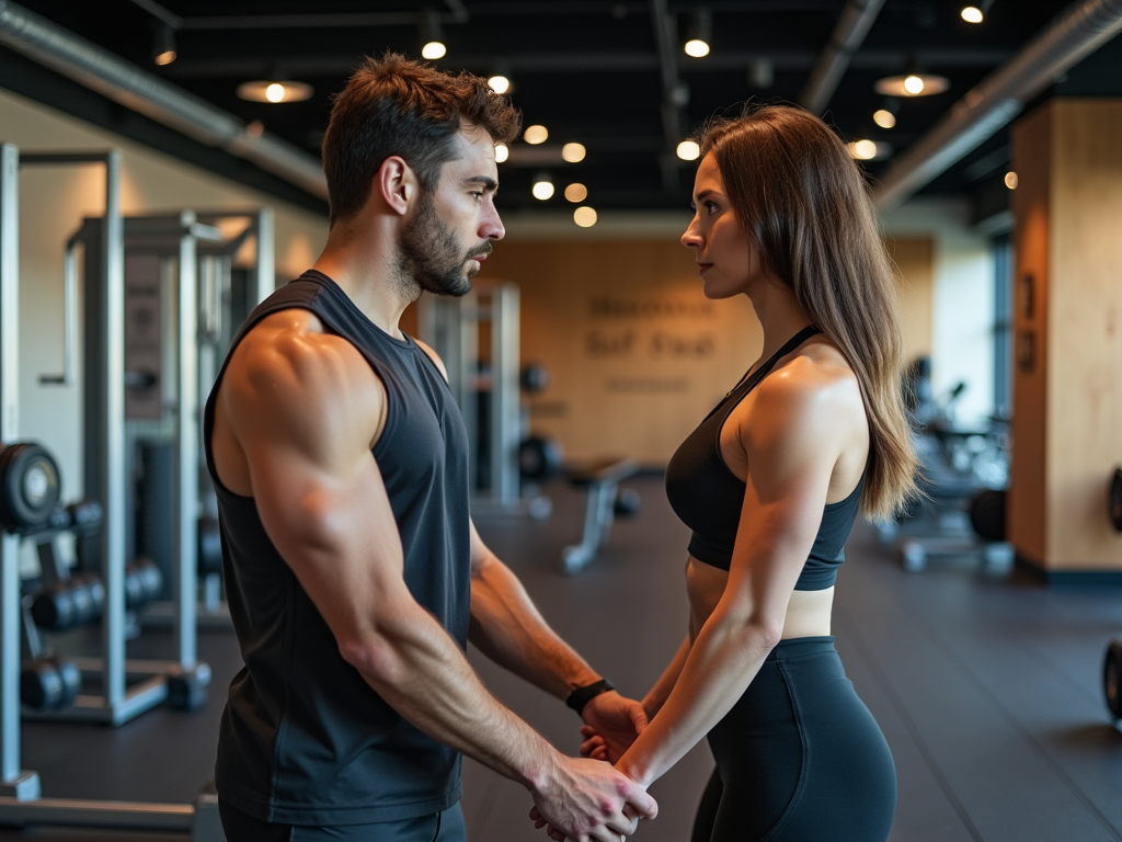 A man and woman face each other in a gym, holding hands and looking intently at one another.