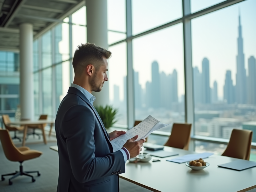 Businessman reading a document in an office with city skyline through window.