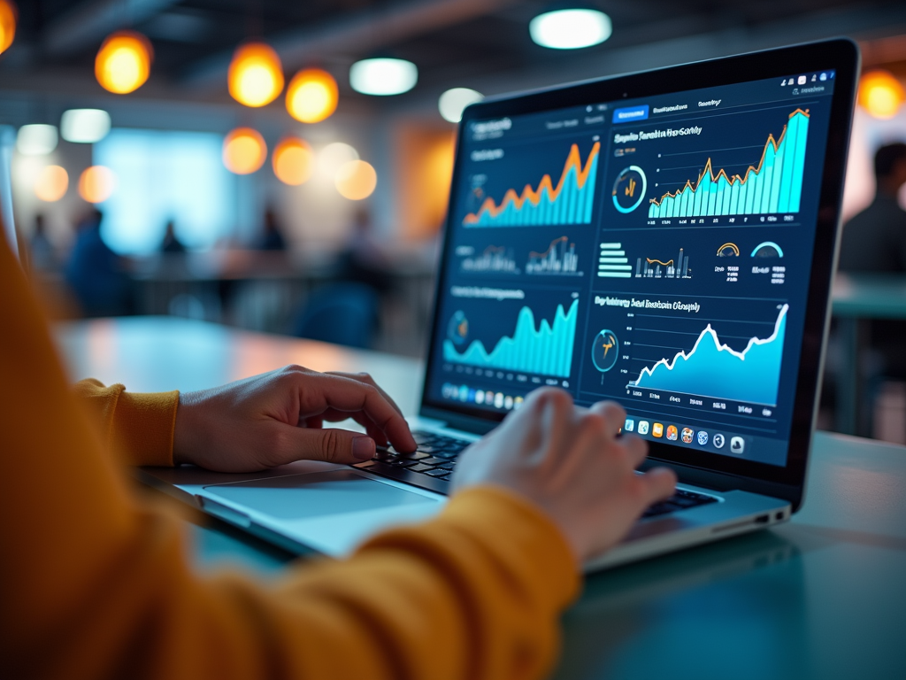 Person in yellow hoodie analyzing complex graphs on a laptop in a bustling workspace.