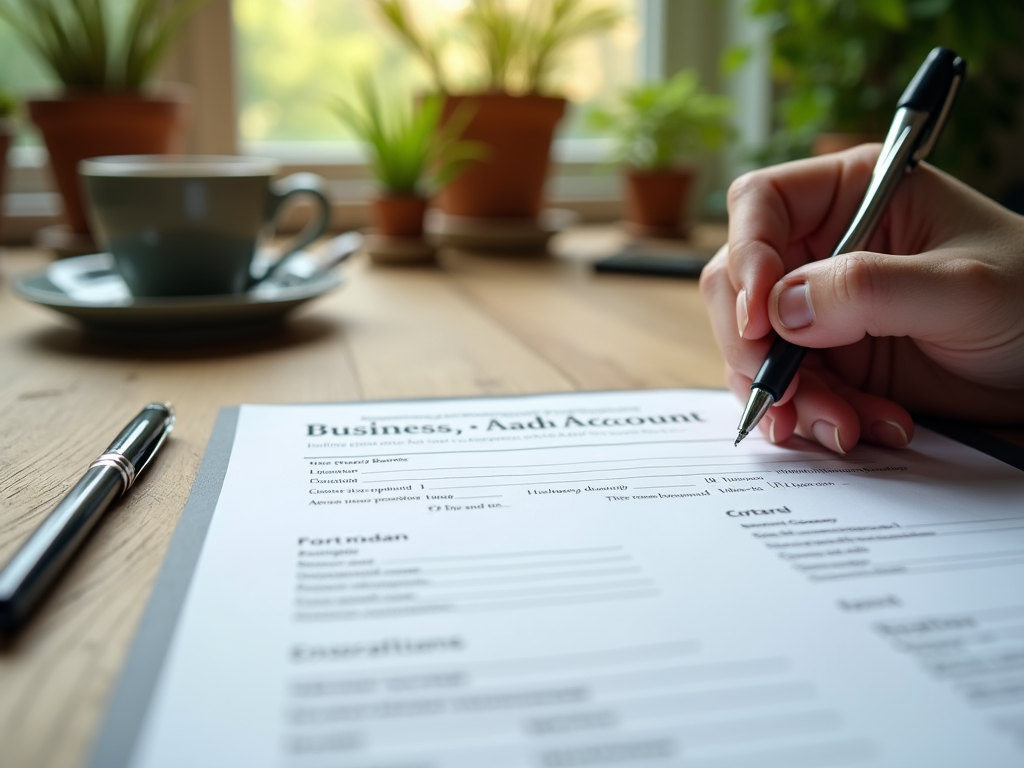 Person filling out a "Business Audit Account" form with a pen, coffee cup nearby, on a wooden table.