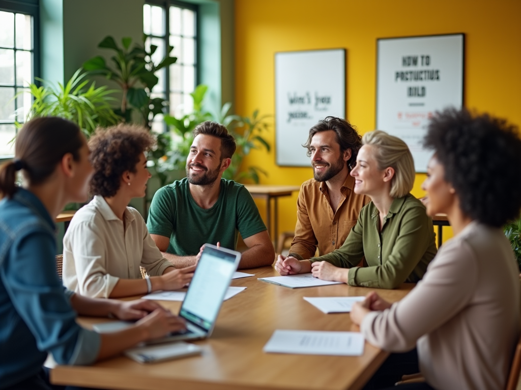 Diverse group of professionals engaging in a meeting in a vibrant office setting.