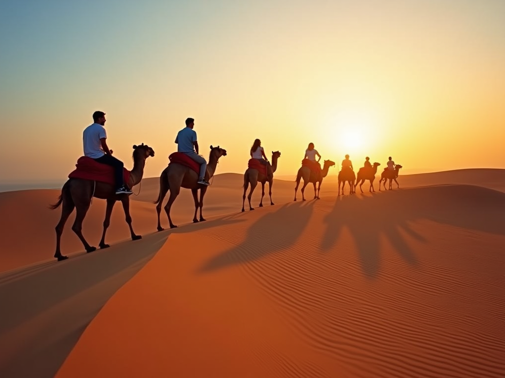 Group of people riding camels in a desert at sunset, casting long shadows on the sand.