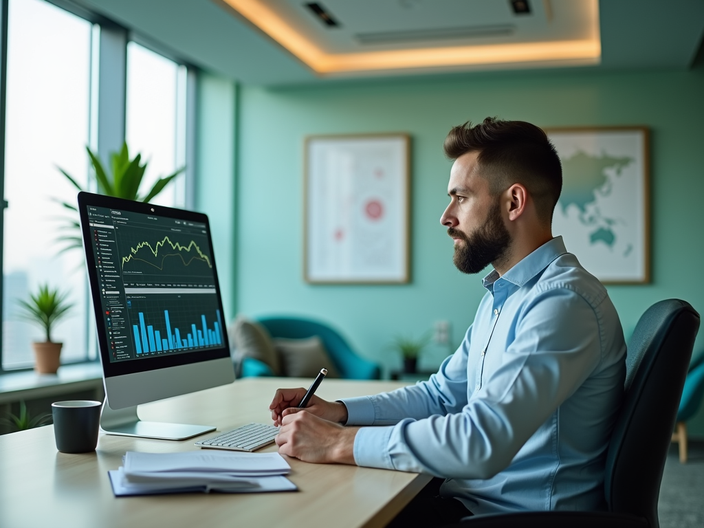 Man with beard analyzing financial graphs on a computer in a modern office.