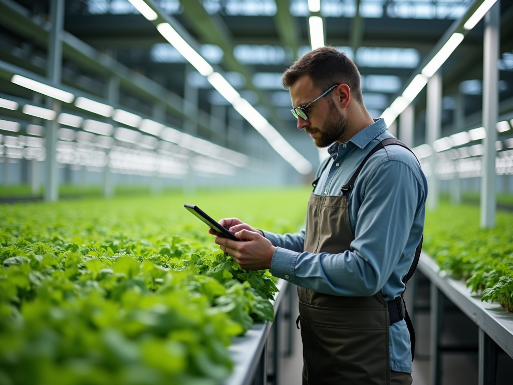 A man in an apron uses a tablet in a greenhouse filled with young green plants under bright lights.