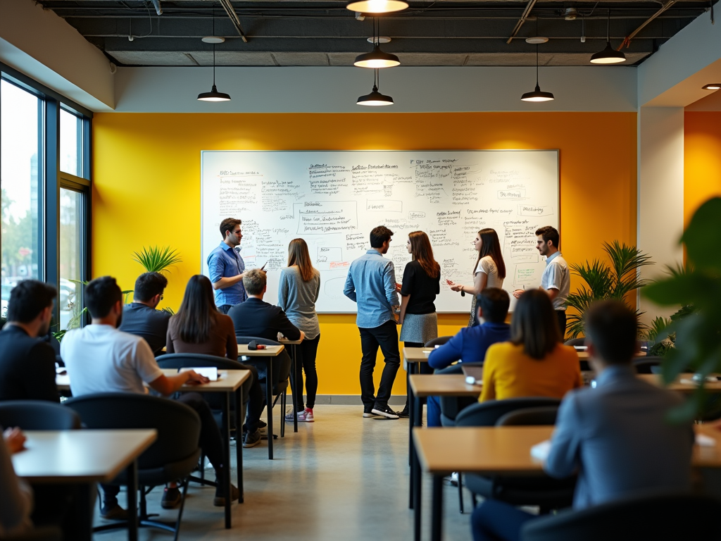 Group of professionals engaged in a meeting in a modern office with a large whiteboard filled with notes.