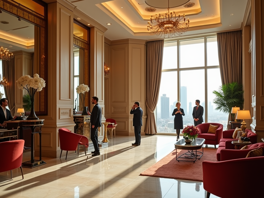 Luxurious hotel lobby with guests and staff, elegant furnishings, and large windows overlooking the city.