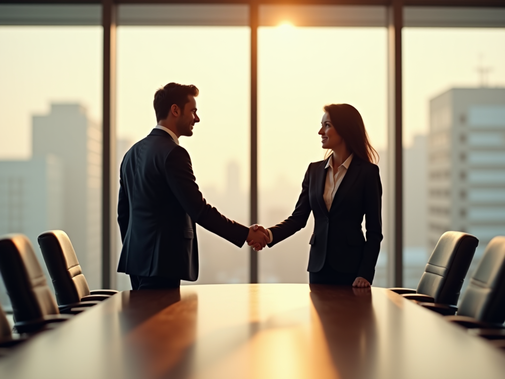 Two businesspeople shaking hands in a boardroom at sunrise, silhouetted against cityscape.