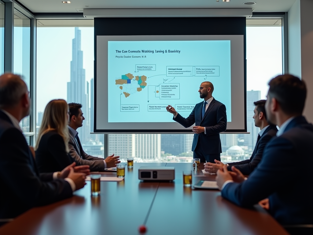 Man presenting to business team in conference room with cityscape.