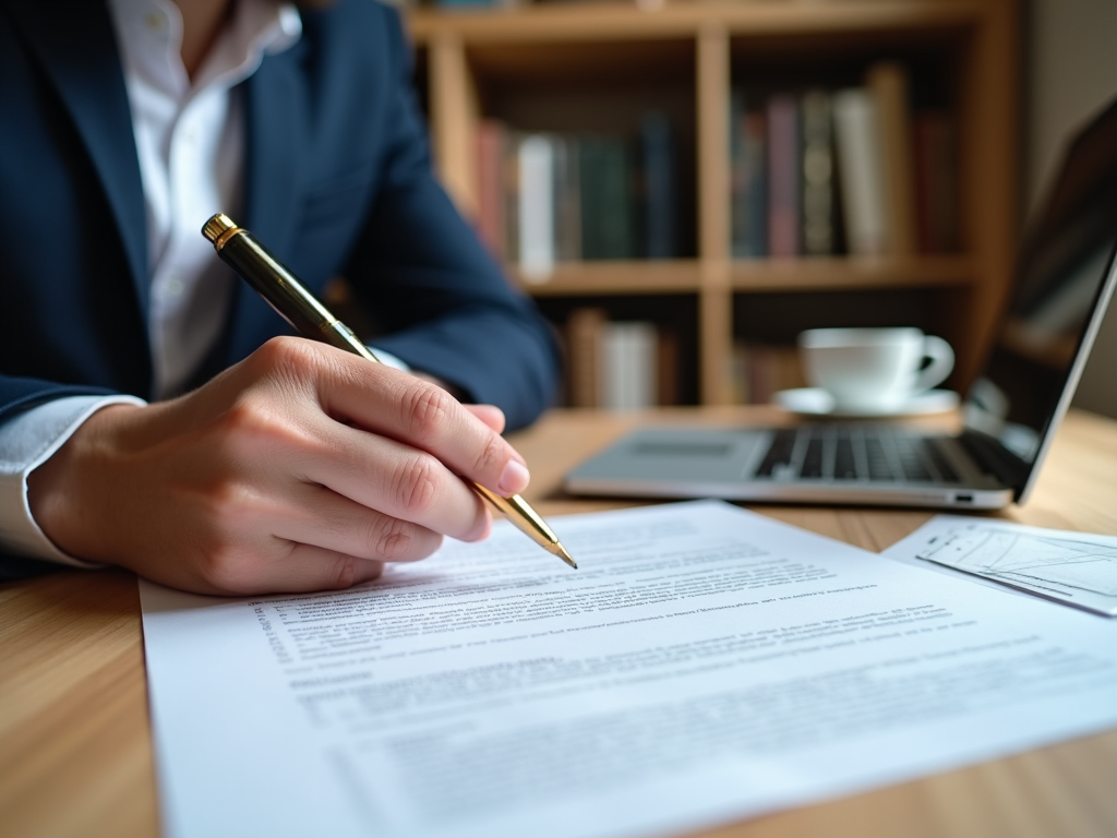 Businessperson holding a pen over documents in a well-organized office with a laptop and coffee.