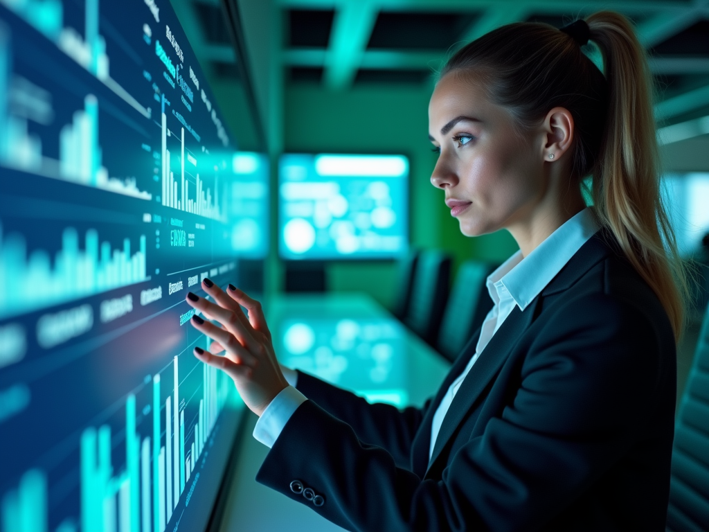 Woman analyzing interactive digital data charts on a futuristic interface screen.