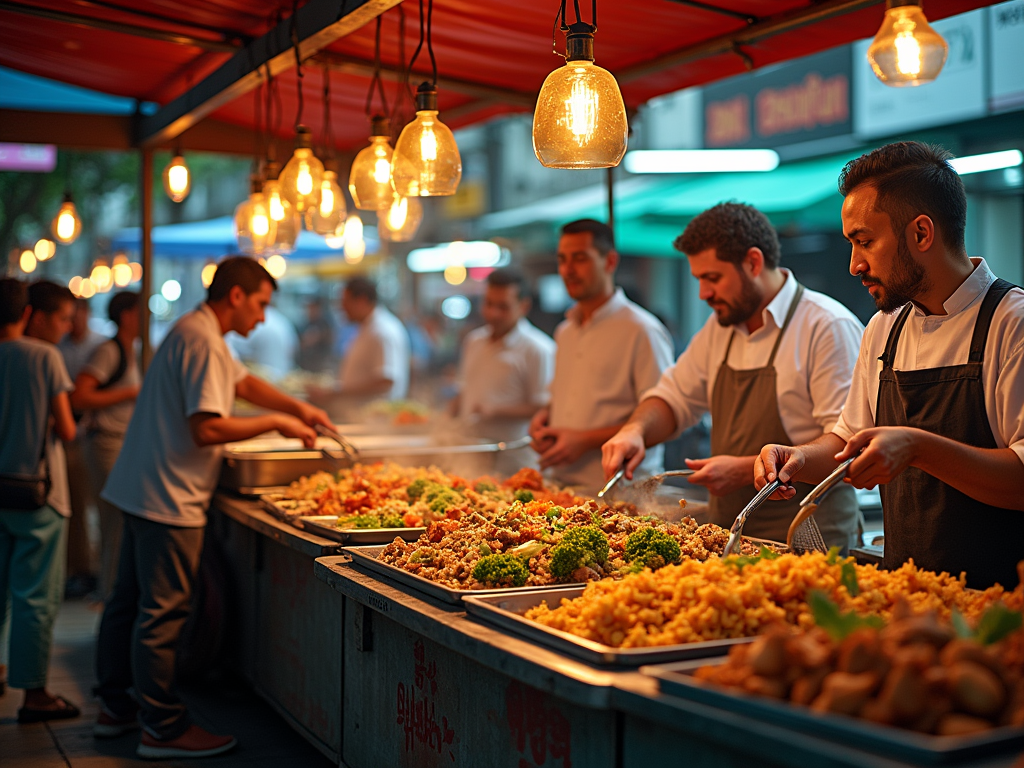 Street food vendors serving various dishes at a bustling outdoor market under warm lights.