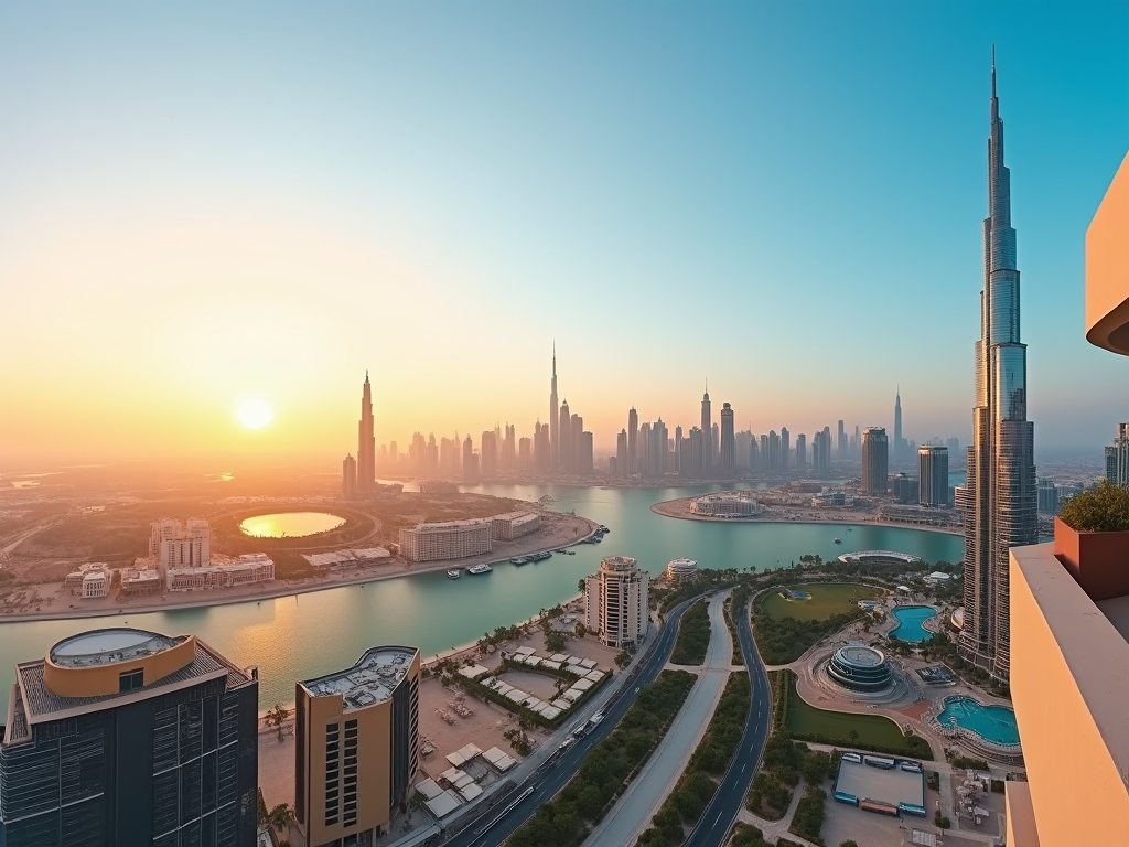 Sunrise over Dubai skyline highlighting Burj Khalifa and surrounding modern architecture and waterways.