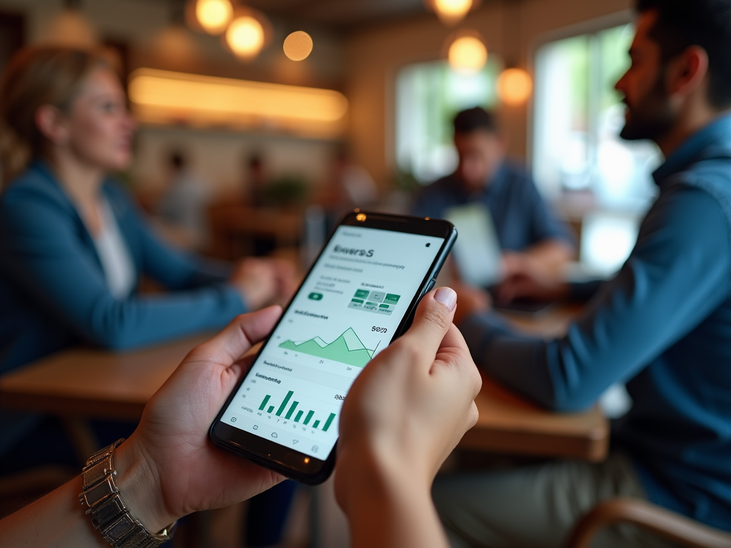 Person holding a smartphone displaying graphs, with colleagues in background in a meeting at a cafe.