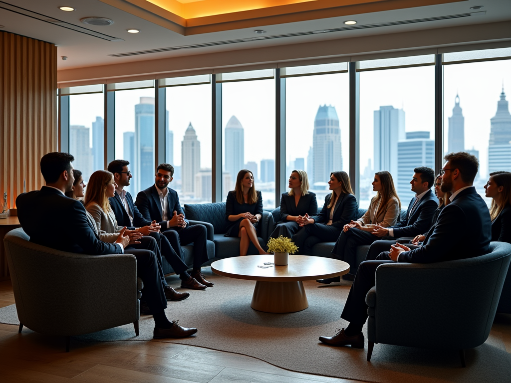 Business professionals having a meeting in a modern office with city skyline views.