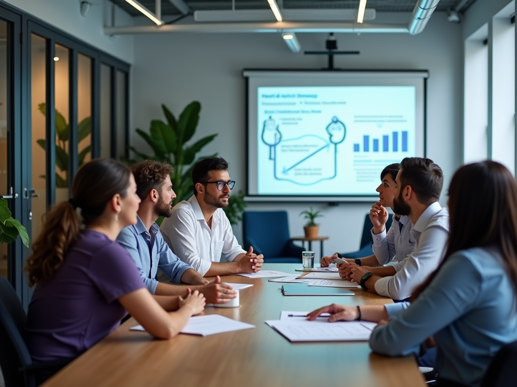 Seven professionals engaged in a meeting, discussing strategies with a presentation in the background.