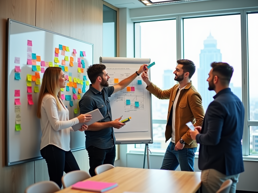 Four professionals collaborating around a whiteboard covered with sticky notes in a bright office.