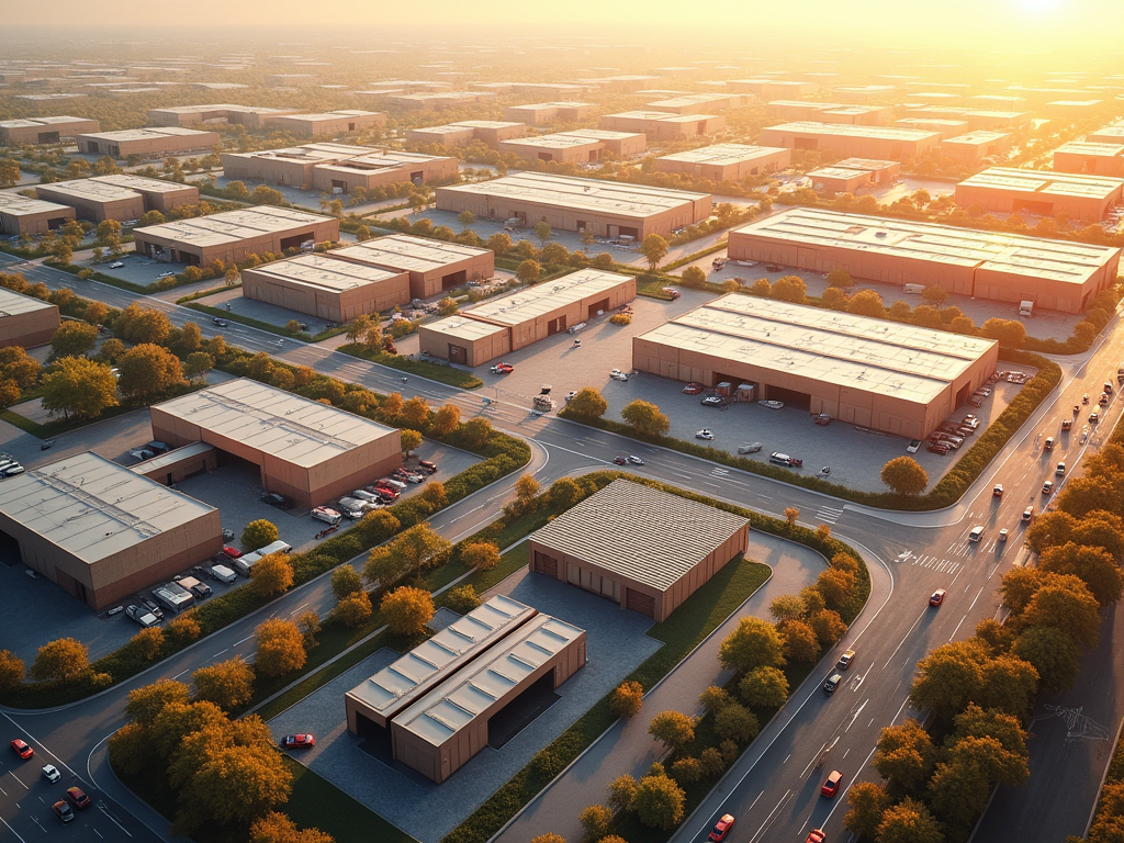 Aerial view of an industrial park with warehouses, roads, and parking lots at sunset.