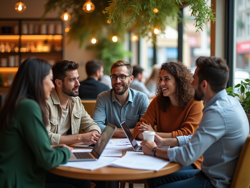 Group of five professionals in a lively discussion at a cafe, with laptops and papers on the table.