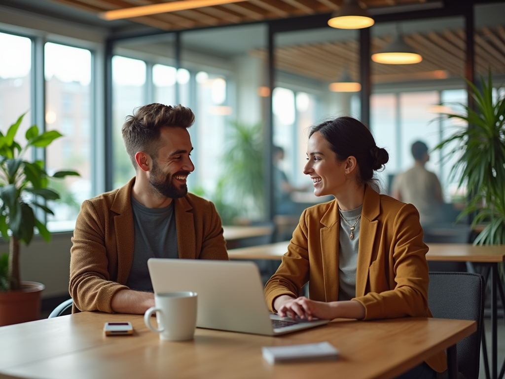 Man and woman smiling at each other in a cozy cafe with a laptop open.