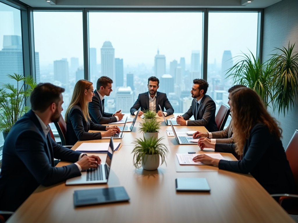 Business professionals engaged in a meeting at a conference table with city skyline view.