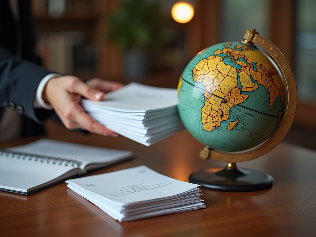 Person handing over documents with a globe in the background on a desk.